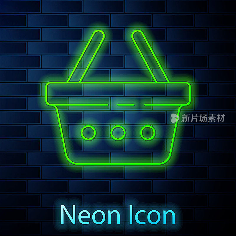 Glowing neon line Shopping basket icon isolated on brick wall background. Online buying concept. Delivery service sign. Shopping cart symbol. Vector Illustration